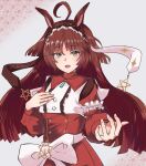  1girl animal_ears blunt_bangs blunt_ends bow brown_headdress commentary_request dress frilled_hairband frills green_eyes hairband highres horse_ears horse_girl horse_tail long_hair looking_at_viewer open_mouth red_desire_(umamusume) red_dress red_hair red_hairband red_headdress smile solo star_(symbol) star_ornament tail umamusume upper_body vandy76 white_bow 
