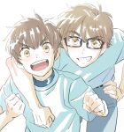  2boys ace_of_diamond arm_around_shoulder black-framed_eyewear blush brown_eyes brown_hair closed_mouth commentary_request dangomochi2 glasses hand_on_own_hip happy highres looking_at_viewer male_focus miyuki_kazuya multiple_boys open_mouth rectangular_eyewear sawamura_eijun shirt short_hair smile teeth white_background white_shirt 