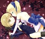  2girls artoria_pendragon_(fate) bad_id bad_pixiv_id blonde_hair bow dress dual_persona elbow_gloves fate/stay_night fate_(series) gloves highres holding_hands interlocked_fingers kotobuki_(momoko_factory) lying multiple_girls on_back open_mouth saber_(fate) saber_alter 