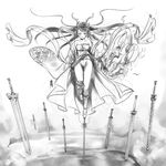  antaria greyscale long_hair looking_at_viewer monochrome original signature sketch solo standing standing_on_one_leg sword weapon 