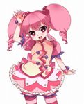  dress frilled_dress frills hair_bobbles hair_ornament kane_tomo pink_eyes pink_hair sate_hatena simple_background solo star star-shaped_pupils striped striped_legwear symbol-shaped_pupils thighhighs twintails utau wristband 