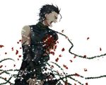  ahoge black_hair blood blood_on_face bound fate/zero fate_(series) flower kinata lancer_(fate/zero) male_focus mole mole_under_eye petals plant red_flower red_rose rose shouting solo tears thorns tied_up vines yellow_eyes 