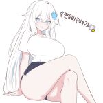  1girl arm_support blue_eyes blue_shorts blush breasts commentary cowboy_shot cross_hair_ornament crossed_legs double-parted_bangs gosegu hair_between_eyes hair_ornament korean_text large_breasts long_hair looking_at_viewer rapid17 shirt short_shorts short_sleeves shorts simple_background smile solo thighs translation_request virtual_youtuber waktaverse white_background white_hair white_shirt 