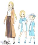  1boy 2girls :< black_shoes blue_neckerchief blue_necktie blue_serafuku blue_shoes blue_shorts breasts brown_sweater child clenched_hands closed_mouth collarbone copyright_logo dress flat_chest fred_thompson full_body green_eyes hand_on_own_hip hat high_heels logo long_hair long_skirt long_sleeves low_ponytail medium_breasts multiple_girls neckerchief necktie official_art ootsuka_shin'ichirou parted_bangs ponytail rafiel_thompson re:zero_kara_hajimeru_isekai_seikatsu reala_thompson sailor_collar sailor_dress school_uniform serafuku shirt shoes short_dress short_hair short_sleeves shorts side-by-side simple_background sketch skirt smile socks striped_clothes striped_skirt striped_socks sweater tachi-e v-shaped_eyebrows white_background white_shirt 