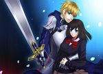  1girl armor arthur_pendragon_(fate) bad_id bad_pixiv_id black_hair blonde_hair blue_eyes excalibur fate/prototype fate_(series) gauntlets long_hair sajou_ayaka school_uniform short_hair sword tanaka_gorie weapon 