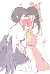  2girls ascot bird_wings black_hair black_skirt black_wings blush bow brown_hair closed_eyes commentary_request detached_sleeves frilled_bow frilled_hair_tubes frills hair_bow hair_tubes hakurei_reimu heart highres holding holding_notepad implied_kiss long_hair multiple_girls no_headwear notepad pointy_ears red_bow red_eyes red_skirt seele_(chanseele0128) shameimaru_aya shirt short_hair short_sleeves sitting skirt skirt_set socks touhou white_shirt wings yellow_ascot yuri 