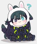  1boy :3 ? animal_ear_hairband animal_ears aqua_eyes black_eyes black_gloves black_hair chibi closed_mouth dog_ears dog_tail fake_animal_ears gloves hairband heterochromia highres hong_lu_(project_moon) k_corp._(identity)_(project_moon) limbus_company long_hair male_focus project_moon rabbit_ear_hairband rabbit_ears shiki_(shikki46) simple_background sitting smile solo tail very_long_hair white_background 