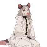 2025 american_opossum anthro areola artist_name breasts chain chain_leash clothed clothing collar colored digital_drawing_(artwork) digital_media_(artwork) exposed_breasts female female_anthro fur grey_eyes grey_hair gwenithra hair hi_res leash looking_at_viewer mammal marsupial metal_collar nipples notched_ear open_clothing open_robe portrait pose robe signature simple_background sitting solo tail text three-quarter_portrait white_background white_body white_fur