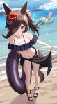  2girls absurdres animal_ears bare_shoulders beach bikini black_bikini black_sarong blush breasts brown_hair cleavage collarbone commentary_request dress_swimsuit ear_flower flipped_hair floating flower hair_flower hair_ornament hair_over_one_eye highres holding holding_swim_ring horse_ears horse_girl horse_tail innertube long_hair looking_at_viewer mejiro_mcqueen_(ripple_fairlady)_(umamusume) mejiro_mcqueen_(umamusume) multiple_girls navel official_alternate_costume open_mouth outdoors purple_eyes purple_hair rice_shower_(umamusume) sandals sarong sky small_breasts stomach swim_ring swimsuit tail twintails umamusume wanderlucia watermark 