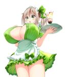  1girl apron asahina_hinata blush breasts brown_hair buttons cleavage commentary covered_nipples cowboy_shot dress embarrassed food frilled_dress frills from_below green_dress green_eyes green_ribbon hair_between_eyes hair_ribbon hands_up highres holding huge_breasts indie_virtual_youtuber looking_down maid maid_apron maid_headdress medium_hair monno open_mouth oppai_loli ribbon side_ponytail sidelocks simple_background solo sweatdrop teeth thighs tray upper_teeth_only virtual_youtuber wardrobe_malfunction white_background 