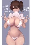  1girl absurdres ass_visible_through_thighs bikini border breasts brown_eyes brown_hair clothes_in_mouth commentary_request cowboy_shot dated double_w grey_background highres kaga_(kancolle) kantai_collection large_breasts looking_at_viewer mouth_hold navel shirt shirt_in_mouth short_hair short_side_ponytail side_ponytail simple_background solo stomach swimsuit tanyou translation_request twitter_username w white_bikini white_border white_shirt 