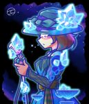  1girl absurdres artist_logo brown_hair clochan_(dongin1228) crystal dress from_side green_dress green_hat hat highres holding holding_microphone kirby_(series) kirby_and_the_forgotten_land logo long_sleeves microphone microphone_stand neichel_(kirby) short_hair solo star-crossed_world star_(sky) 