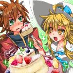  1boy 1girl ahoge black_shirt blonde_hair blue_bow blue_neckerchief blueberry blush bow brown_hair candy chocolate commentary_request cream dress feeding food fruit gold_trim green_eyes hat hat_bow heart heart-shaped_chocolate heart-shaped_food hikari_(shinrabanshou) horns jacket kagato_(shinrabanshou) katachi_yumiyuri long_hair neckerchief open_clothes open_jacket open_mouth pancake plate red_jacket sailor_collar shinrabanshou shirt short_hair sparkle strawberry sun_hat sweatdrop upper_body white_dress white_hat white_sailor_collar yellow_eyes 