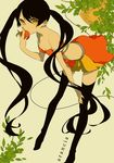  arancia bell black_hair black_legwear breasts cleavage crop_top eating flat_color food fruit hand_on_leg leaning_forward long_hair midriff miniskirt mochizuki_kei orange orange_hair orange_skirt original skirt small_breasts solo strap_slip thighhighs tiptoes very_long_hair 