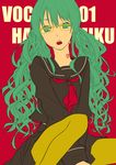  background_text bad_id bad_pixiv_id bespectacled flat_color glasses green_eyes green_hair hair_down hatsune_miku long_hair mochizuki_kei pantyhose school_uniform serafuku simple_background sitting skirt solo tattoo vocaloid yellow_legwear 