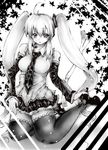  detached_sleeves greyscale hatsune_miku headset high_heels long_hair monochrome naoyama_masaru necktie shoes sitting skirt solo spring_onion thighhighs twintails very_long_hair vocaloid yokozuwari 