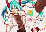  4_(nakajima4423) aqua_eyes aqua_hair bad_id bad_pixiv_id candy food hatsune_miku lollipop long_hair solo suspenders swirl_lollipop twintails very_long_hair vocaloid 