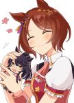 1girl ^_^ animal_ears black_hair blush brown_eyes brown_hair character_doll closed_eyes closed_mouth collared_shirt commentary_request cutie_(umamusume) doll forehead hands_up highres horse_ears narita_brian_(maverick)_(umamusume) narita_brian_(umamusume) parted_bangs puffy_short_sleeves puffy_sleeves sakura_laurel_(saisir_le_reve)_(umamusume) sakura_laurel_(umamusume) shirt short_hair short_sleeves simple_background solo umamusume upper_body usako_(umauma0602) white_background white_shirt wrist_cuffs 
