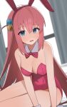  1girl absurdres animal_ears bare_shoulders blue_eyes blurry blurry_background blush bocchi_the_rock! bow bowtie breasts cleavage cube_hair_ornament curtains detached_collar fake_animal_ears gotoh_hitori hair_between_eyes hair_ornament highres holypotato0 indoors large_breasts leotard long_hair looking_at_viewer open_mouth pink_hair pink_leotard playboy_bunny rabbit_ears solo strapless strapless_leotard sweat very_long_hair wrist_cuffs 
