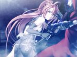  1boy 1girl cyborg fighting game_cg gloves ignis jingai_makyou katana long_hair nitroplus purple_eyes red_hair sword weapon 