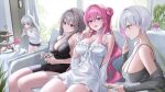  4girls absurdres black_nightgown black_shorts blue_eyes breasts cake cleavage commentary_request cross-shaped_pupils cup dolphin_shorts doro_(nikke) dorothy_(nikke) food goddess_of_victory:_nikke grey_hair grey_tabard hair_bun highres holding holding_cup idasu_(hyun9164) indoors large_breasts liliweiss_(nikke) long_hair multicolored_hair multiple_girls nightgown plant potted_plant purple_eyes purple_hair scarlet_(nikke) shirt short_hair shorts single_side_bun snow_white_(innocent_days)_(nikke) snow_white_(nikke) symbol-shaped_pupils tabard thighs two-tone_hair very_long_hair white_hair white_nightgown white_shirt yellow_eyes 