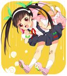  :d backpack bad_id bad_pixiv_id bag bakemonogatari bandaid bandaid_on_knee bear_paw bent_over black_hair fang full_body hachikuji_mayoi hanata long_hair monogatari_(series) open_mouth orange_background outside_border paws red_eyes smile solo twintails 