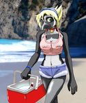  beak black black_feathers blonde_hair breasts cleavage clothed clothing cooler female green_eyes hair hairband ice_cooler midriff navel penguin scythemouse short_blonde_hair short_hair shorts solo water white white_feathers 