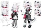  1boy 1girl androgynous animal_ears bandaid black_pants blood blood_bag bow chibi closed_eyes closed_mouth coat dog_ears full_body grey_coat grey_hair grey_pants hair_between_eyes hair_ornament hair_over_one_eye hairclip highres id_card jacket jitome lanyard layered_sleeves long_sleeves looking_at_viewer low_ponytail mechanical_ears mk1liaoqian mouse_ears mouse_girl mouse_tail multiple_expressions multiple_views name_tag one_eye_closed open_clothes open_mouth original pants pink_blood ponytail red_eyes reference_sheet ribbon safety_pin shirt shoes short_hair short_over_long_sleeves short_ponytail short_sleeves simple_background sleeves_past_wrists smile standing tail variations vest white_background white_hair white_ribbon white_shirt 