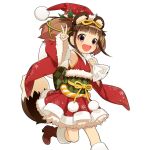  1girl animal_ears armpits black_eyes boots brown_boots brown_hair commentary_request detached_sleeves dress fake_animal_ears frilled_skirt frills fur-trimmed_boots fur_trim green_sash hat japanese_clothes open_mouth raccoon_ears raccoon_girl raccoon_tail santa_costume santa_dress santa_hat sash short_hair skirt tail tanuko twintails uchako uchi_no_hime-sama_ga_ichiban_kawaii v 