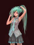  absurdres adjusting_hair arm_up armpits black_background green_hair hatsune_miku headset highres long_hair necktie purple_eyes simple_background skirt smile solo twintails very_long_hair vocaloid xiamianliele 