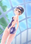  ass brown_eyes brown_hair competition_swimsuit from_behind goggles goggles_on_head highres looking_back one-piece_swimsuit original short_hair solo swim_cap swimsuit takuya_kame 