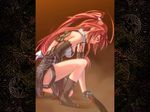  1girl blood breasts game_cg jingai_makyou katana long_hair nitroplus purple_eyes red_hair solo sword weapon 