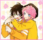  2boys :3 ahoge amemura_ramuda arms_around_neck beret black_hair black_hat blue_eyes blush border candy choppy_bangs collared_shirt commentary_request cowlick dot_nose film_grain flower flustered food front-to-back gradient_hair green_eyes hair_between_eyes hand_on_another's_arm hands_up hat heads_together heterochromia holding holding_candy holding_food holding_lollipop hug hug_from_behind hypnosis_mic jacket lollipop long_sleeves looking_at_another looking_to_the_side male_focus mole mole_under_eye mole_under_mouth multicolored_hair multiple_boys multiple_moles open_mouth outline p4cnoo pale_skin parted_hair peanut_mouth pink_border pink_flower pink_hair plaid_background shirt short_hair sidelocks sideways_glance smile v-shaped_eyebrows white_outline white_shirt yamada_saburo yellow_background yellow_jacket 
