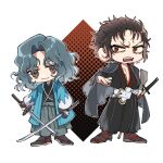  2boys :3 a_nzi_end belt commentary_request fate/grand_order fate_(series) full_body grey_hair hakama highres hijikata_toshizou_(fate) holding holding_sword holding_weapon japanese_clothes male_focus messy_hair multiple_boys open_mouth red_eyes saitou_hajime_(fate) saitou_hajime_(third_ascension)_(fate) sandals short_hair sword weapon white_belt 