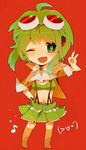  ahoge bad_id bad_pixiv_id boots chibi goggles goggles_on_head green_eyes green_hair gumi kasano_(chinatsu) megpoid_(vocaloid3) one_eye_closed open_mouth short_hair smile solo v vocaloid 