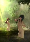  2girls absurdres ass beckoning black_hair blunt_bangs braid breasts brown_eyes brown_hair commentary_request completely_nude female_pubic_hair hair_ribbon highres kantai_collection kitakami_(kancolle) long_hair looking_at_viewer medium_breasts multiple_girls nipples nude ooi_(kancolle) outdoors pubic_hair ribbon river single_braid small_breasts smile sunlight takemura_sessyu tress_ribbon wading 