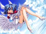  black_panties blue_hair cloud day detached_sleeves dress hair_ribbon half_updo hemogurobin_a1c mai_(touhou) panties pantyshot purple_eyes ribbon short_hair sky solo touhou touhou_(pc-98) underwear wings 