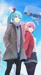  aircraft aqua_eyes aqua_hair black_legwear cloud coat day elrowa grey_scarf hatsune_miku headphones highres lens_flare long_hair megurine_luka multiple_girls outdoors pantyhose pink_hair scarf sf-a2_miki sky smile twintails vocaloid 