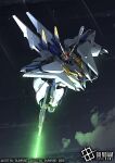  beam_rifle commentary_request copyright_logo copyright_name copyright_notice energy_beam energy_gun firing flying glowing glowing_eyes green_eyes gun gundam gundam_card_game gundam_hathaway's_flash holding holding_gun holding_weapon logo mecha mobile_suit night no_humans official_art robot science_fiction serike_w solo v-fin weapon xi_gundam 