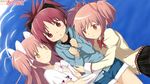  blush clenched_hands connect_(madoka_magica) dual_persona girl_sandwich highres hug kaname_madoka light_smile long_hair lying mahou_shoujo_madoka_magica multiple_girls official_art on_back on_side pink_hair red_eyes red_hair sakura_kyouko sandwiched school_uniform short_hair spoilers third-party_edit twintails two_side_up ultimate_madoka wallpaper water yellow_eyes yuri 