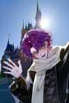  1boy absurdres alternate_costume arm_out_of_frame arm_up black_jacket blue_sky castle commentary eyewear_on_head fang hair_between_eyes hair_intakes hand_up highres jacket long_sleeves looking_at_viewer lower_teeth_only male_focus mashi_076 multicolored_hair nijisanji open_clothes open_jacket open_mouth outdoors parted_bangs photo_background pink-tinted_eyewear pink_hair purple_hair round_eyewear scarf shirt short_hair skin_fang sky smile solo symbol-only_commentary teeth tinted_eyewear two-tone_hair upper_body virtual_youtuber watarai_hibari waving white_scarf white_shirt yellow_eyes 