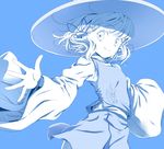  blue blush hair_ribbon hat kimitoshiin monochrome moriya_suwako outstretched_arms ribbon short_hair simple_background smile solo spread_arms touhou 