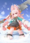 1girl absurdres ahoge animal_ear_fluff animal_ears bell black_dress braid dress furry furry_female greatsword grey_pupils highres holding holding_weapon long_hair open_mouth over_shoulder pink_hair red_eyes snow solo sword tail twin_braids w1g2z3 weapon zenless_zone_zero zhao_(zenless_zone_zero) 