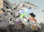  aqua_eyes building commentary_request dust_cloud g_bouncer glowing glowing_eyes gundam gundam_age hiropon_(tasogare_no_puu) holding holding_sword holding_weapon mecha mobile_suit no_humans outdoors robot science_fiction shield solo sword thrusters weapon 