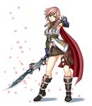  blue_eyes boots cape final_fantasy final_fantasy_xiii fingerless_gloves gloves knee_boots legs lightning_farron long_hair miniskirt open_mouth pencil_skirt petals pink_hair shunzou skirt solo sword thigh_strap thighs weapon 