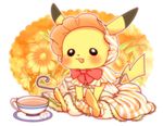  bonnet bow clothed_pokemon donguri_(acorncafe) flower frills gen_1_pokemon no_humans pikachu pokemon pokemon_(creature) tea 