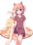  animal_ears barefoot blue_eyes blush brown_hair cat cat_ears cat_tail extra_ears feet foreshortening intertwined_tails light_smile masaki_(machisora) original short_hair sitting soles solo tail toes twintails 