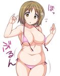  :o bikini blush breasts brown_eyes brown_hair flower front-tie_top hair_flower hair_ornament hidebou idolmaster idolmaster_cinderella_girls large_breasts md5_mismatch mimura_kanako navel plump short_hair side-tie_bikini simple_background solo swimsuit untied white_background 