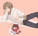  2boys animal_ears arm_support barefoot black_pants brown_eyes brown_hair cat_boy cat_ears cat_tail cat_teaser chinese_commentary closed_mouth collared_shirt commentary_request ensemble_stars! extra_ears fua1heyvot4ifsr green_eyes grey_hoodie grey_pants hand_on_own_face highres holding holding_cat_teaser hood hood_down hoodie kemonomimi_mode layered_clothes long_sleeves lying male_focus mixed-language_commentary morisawa_chiaki multiple_boys on_side open_mouth pants partial_commentary pink_background red_hoodie shirt short_hair simple_background smile tail takamine_midori triangle_mouth 
