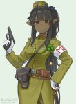  1girl black_hair boots breasts brown_boots commentary_request dark-skinned_female dark_elf dark_skin elf feet_out_of_frame gloves green_jacket green_skirt gun hand_on_own_hip hat highres holding holding_gun holding_weapon jacket long_hair medium_breasts mifune_(_mifune_707) military military_hat military_uniform original pointy_ears ponytail red_eyes simple_background skirt sword twitter_username weapon weapon_request white_gloves 